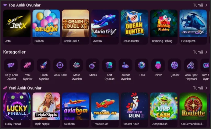Anlık oyun seçkisi Top Anlık Oyunlar şeridinde JetX, Balloon ve Crash Duel X yer alıyor; altında Mines, Plinko ve Çarklar simgeleri ile Yeni Anlık Oyunlar satırı geliyor.