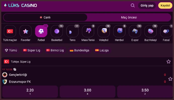 Canlı futbol oranları Canlı sekmesinde Futbol seçiliyken Süper Lig karşılaşması Gençlerbirliği - Erzurumspor FK için 2.20, 3.00 ve 3.50 oranları listeleniyor.