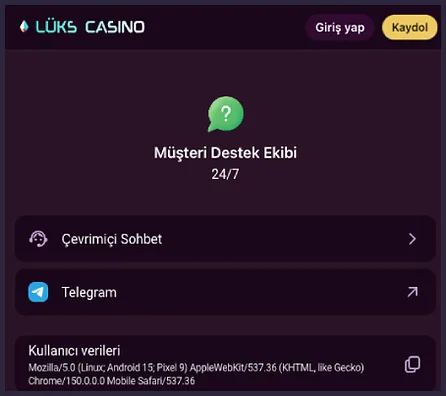 7/24 destek kanalları Müşteri Destek Ekibi 24/7 sayfasında Çevrimiçi Sohbet ve Telegram satırları ile Kullanıcı verileri kutusu görünüyor; üstte Giriş yap ve Kaydol düğmeleri var.