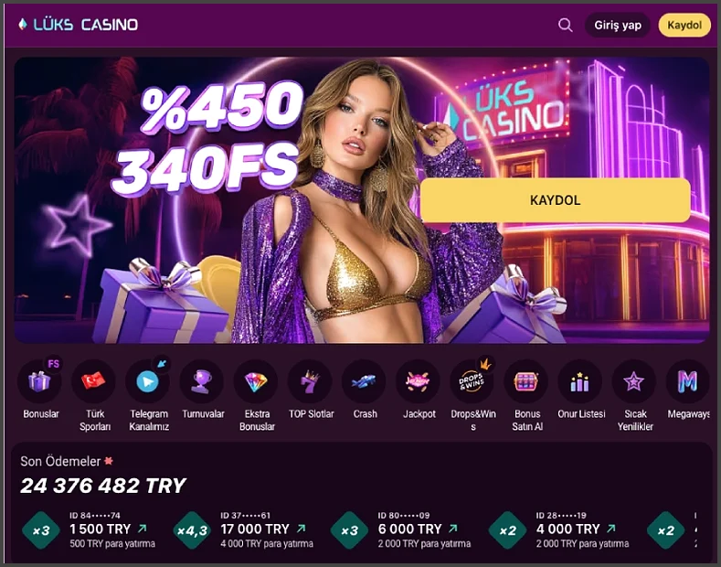 Ana sayfanın yakın çekiminde %450 340FS afişi ile Son Ödemeler listesinde 17 000 TRY ve 4 000 TRY para yatırım kartı görünüyor.