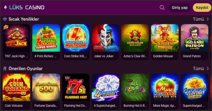 Slot lobisinde Sıcak Yenilikler ve Önerilen Oyunlar satırları arka arkaya dizilmiş oyun küçük resimlerinden oluşuyor.