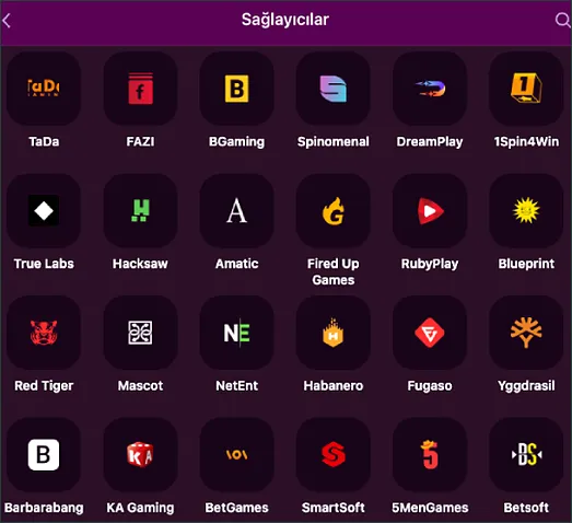 Aşağı kaydırılmış Sağlayıcılar sayfasında TaDa ve FAZI'dan Barbarabang, KA Gaming, BetGames, SmartSoft, 5MenGames ve Betsoft simgelerine uzanan satırlar var.