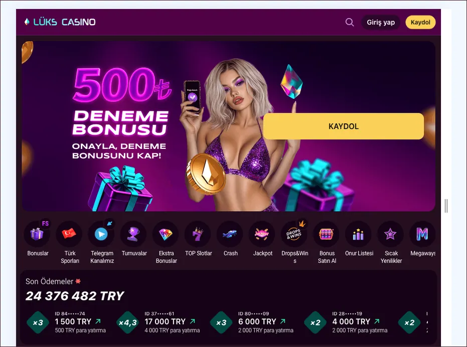 Tarayıcı çerçevesindeki ana sayfada 500₺ deneme bonusu afişi, kısayol satırı ve Son Ödemeler altında 6 000 TRY kartı yer alıyor.