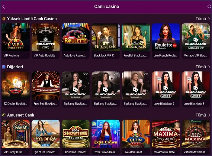 Yüksek Limitli Canlı Casino satırında VIP Roulette, Auto Live Roulette, Monaco VIP Blackjack; altında Diğerleri ve Amusnet Canlı satırları var.