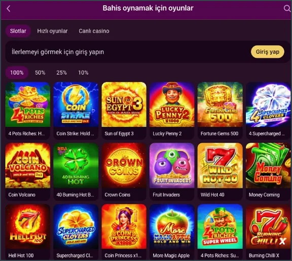 Slot oyun listesi Slotlar sekmesinde 4 Pots Riches, Coin Strike, Sun of Egypt 3 ve Hell Hot 100 kapakları ile %100, %50, %25, %10 seçici var.