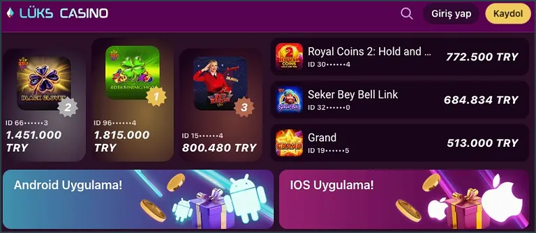 En çok kazananlar sıralamasında 1.815.000, 1.451.000 ve 800.480 TRY podyumu, altında 772.500, 684.834, 513.000 TRY listesi ile Android Uygulama! ve IOS Uygulama! afişleri var.