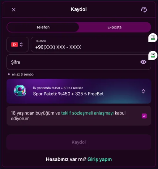 Spor paketi kaydı Kaydol penceresinde Telefon sekmesi açık; Spor Paketi: %450 + 325 ₺ FreeBet seçili, altında İlk yatırımda %150 + 50 ₺ FreeBet satırı var.