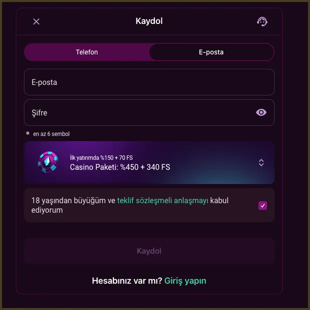 E-posta ile kayıt E-posta sekmesindeki kayıt formunda Casino paketi 450% + 340 FS seçili ve 18+ onay kutusu işaretlenebilir durumda.