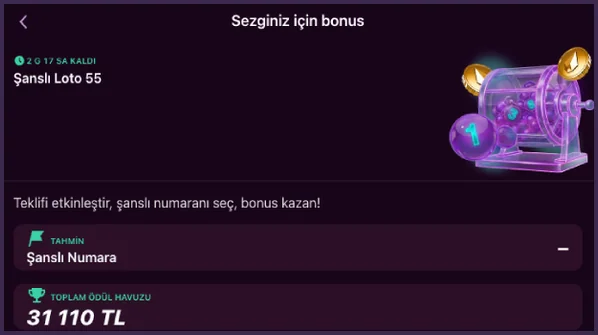 Şanslı Loto bonusu Sezginiz için bonus ekranında Şanslı Loto 55 kartı, Tahmin altındaki Şanslı Numara alanı ve 31 110 TL toplam ödül havuzu görülüyor.