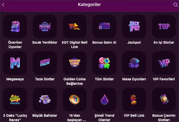 Kategori menüsü Kategoriler menüsü Sıcak Yenilikler, Bonus Satın Al, En iyi Slotlar, Taze Slotlar, Tüm Slotlar ve Masa Oyunları simgelerini alt alta sıralıyor.