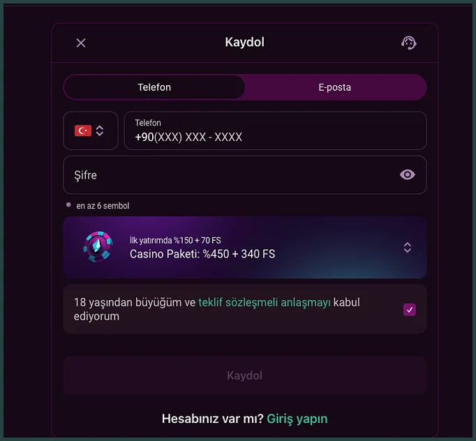 Telefonla kayıt alanları Kayıt formunun Telefon sekmesinde +90 telefon alanı, şifre kutusu ve Casino paketi seçimi alt alta duruyor.